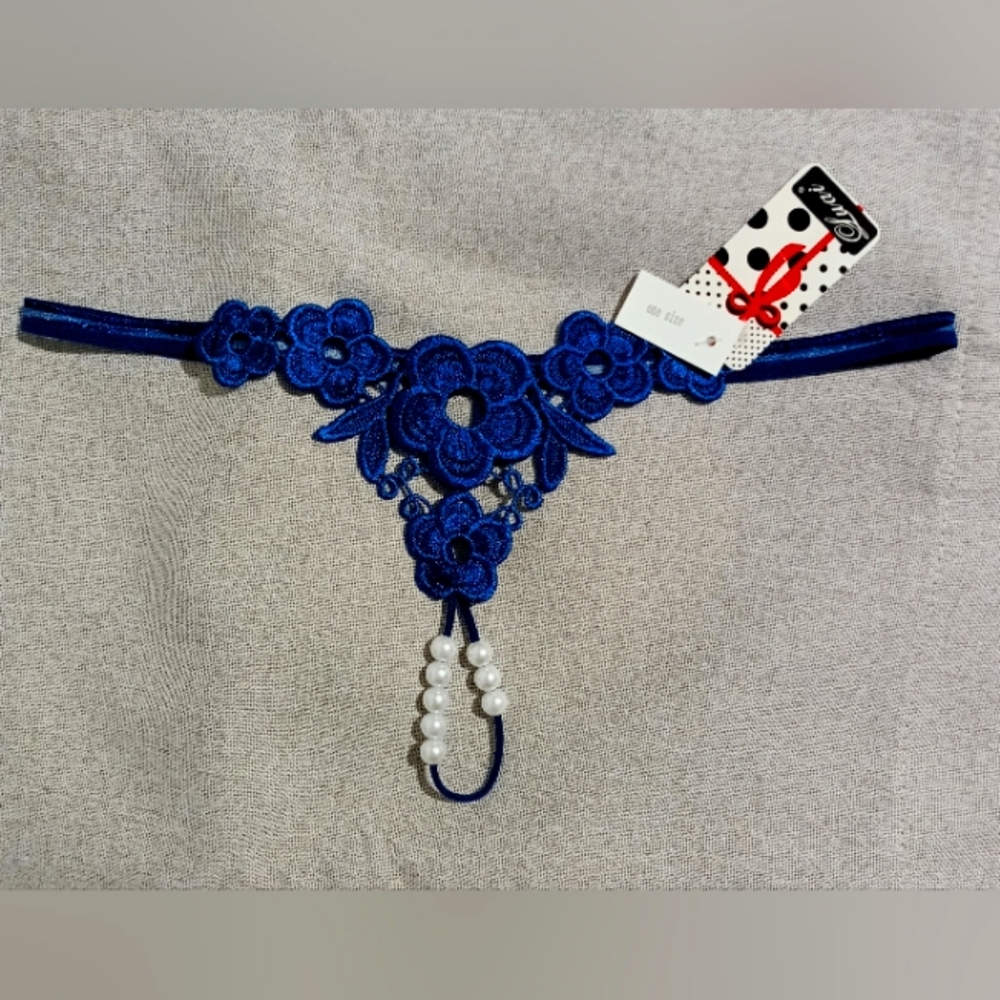 Sexy Blue Embroidery Pearls G-String